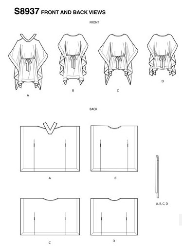 the image shows the front and back views of the s8937 sewing pattern for a caftanstyle dress. there are four variations, labeled a, b, c, and d, each with a different neckline and hemline. the front view shows the dress with a belt at the waist. the back view shows the shape of the back neckline for each variation.