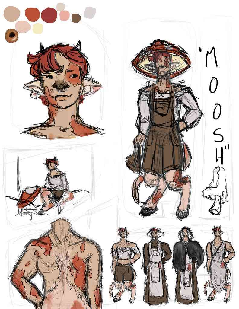 this image showcases character design sketches and explorations of a cowlike humanoid character. the character has reddishbrown skin, white hair, and distinct cowlike ears, nose, and horns. he's depicted in various poses and outfits, including a mushroominspired hat. the artwork aims to establish a visual identity for this unique character through different angles, clothing options, and a color palette primarily composed of earthy tones.