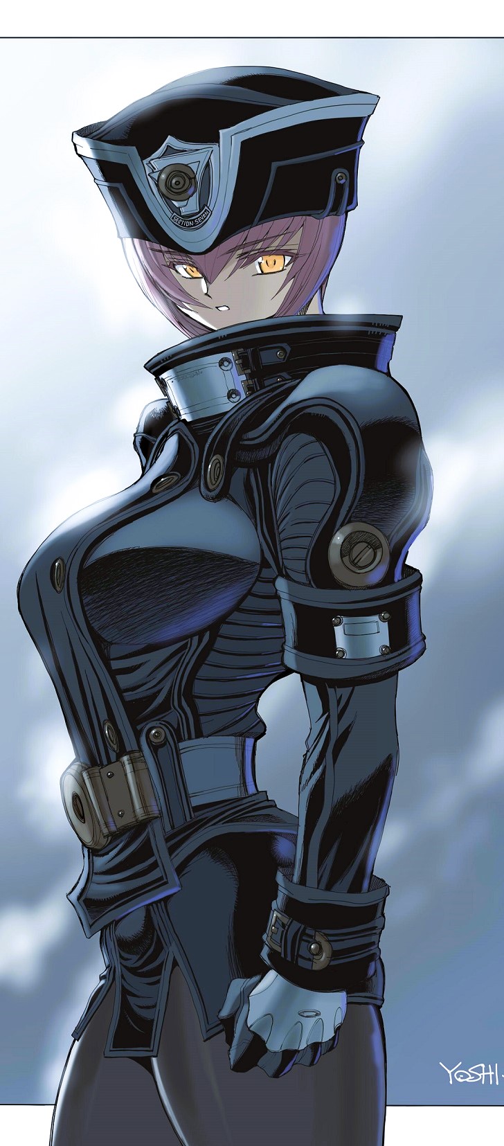 this is a digital illustration of an animestyle female character. she's dressed in a futuristic military uniform and is standing in a stern and determined pose. she has long, pink hair and yellow eyes, and she's wearing a hat. she looks ready for battle. the background is a cloudy sky.