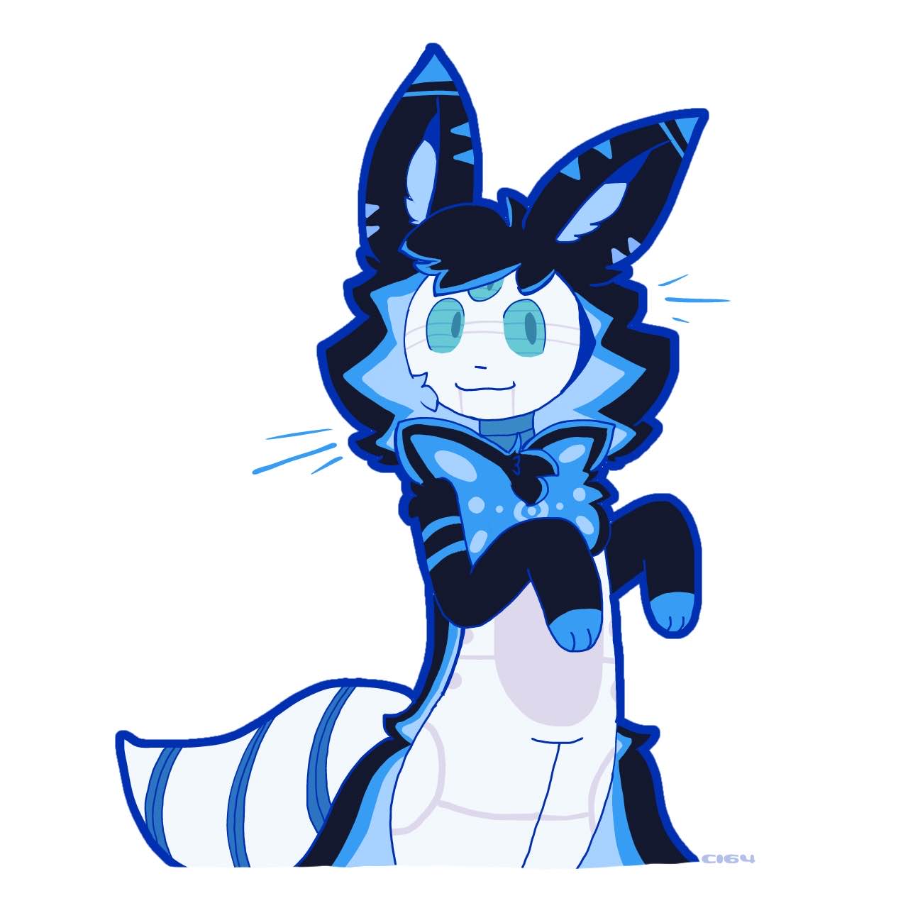 this is a digital illustration of a blue furry cartoon character with a robotic head. it has blue eyes, a big smile and is holding its hands together like it's praying. the character is standing and the background is white.