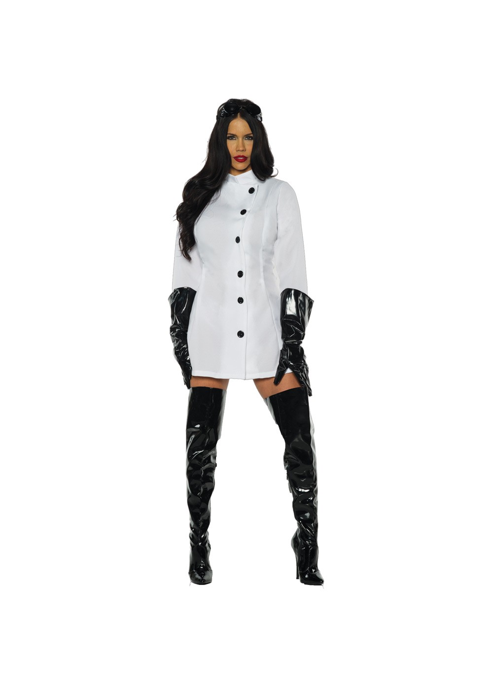 a woman is modeling a "sexy scientist" halloween costume. she is wearing a short, white lab coat with black buttons, black gloves, and black thighhigh boots. she has long, dark hair and is wearing dark makeup. she is also wearing goggles on her head.  she is posing against a plain white background.