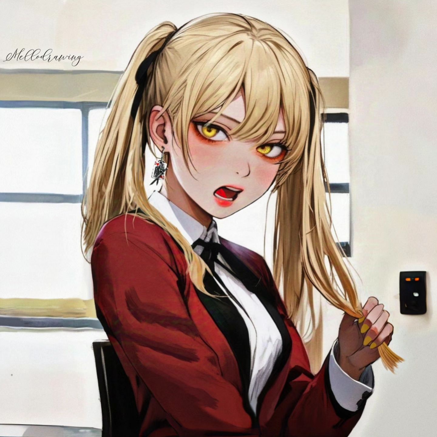 the image shows a detailed illustration of an anime girl. she has blonde hair in pigtails, and is wearing a red blazer with a black tie and a white shirt. her eyes are yellow, and she has a serious expression on her face. she is looking directly at the viewer. she is standing indoors, and there is a window behind her. the image is welllit, and the details are sharp.
