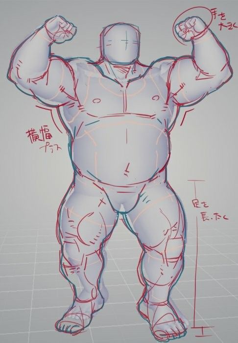 a sketch of a muscular male figure with his arms raised in a pose showing his large biceps, triceps, and chest muscles. the sketch is done with light lines and annotations in japanese characters,  highlighting the muscle structure and body proportions. the figure is standing with his legs slightly apart and is wearing no clothing. the lines are mostly in red and blue, suggesting the use of different colored pencils or markers for sketching.