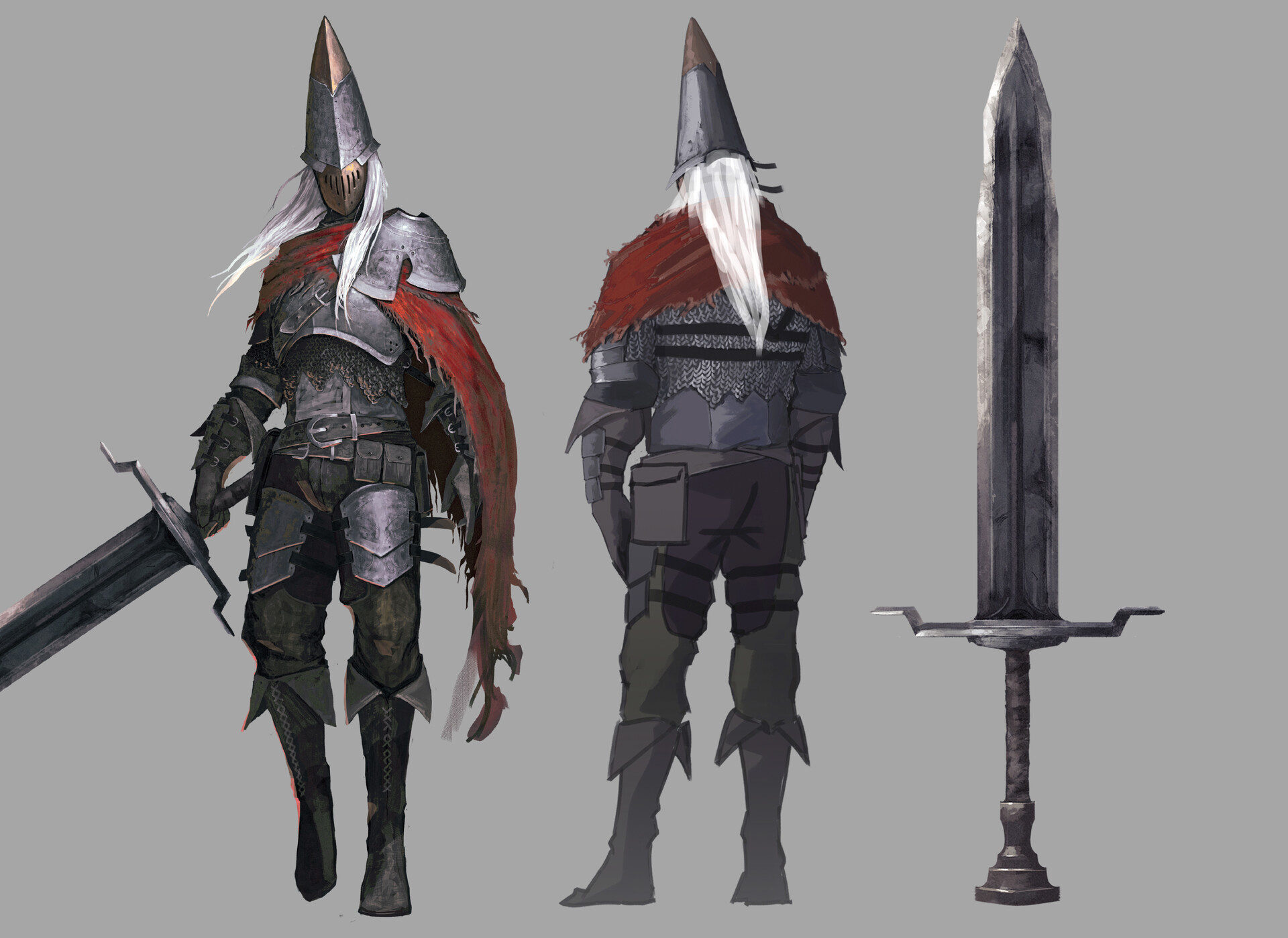 a digital illustration showcasing a knight character concept. two views of the knight are presented, one from the front and one from the back, allowing a full view of their armor and weaponry. the knight is clad in detailed plate armor, a tattered red cape, and a distinctive pointed helmet. their weapon of choice, a large doubleedged sword, is displayed separately to the right. the art style leans towards realism with muted colors and a focus on texture.