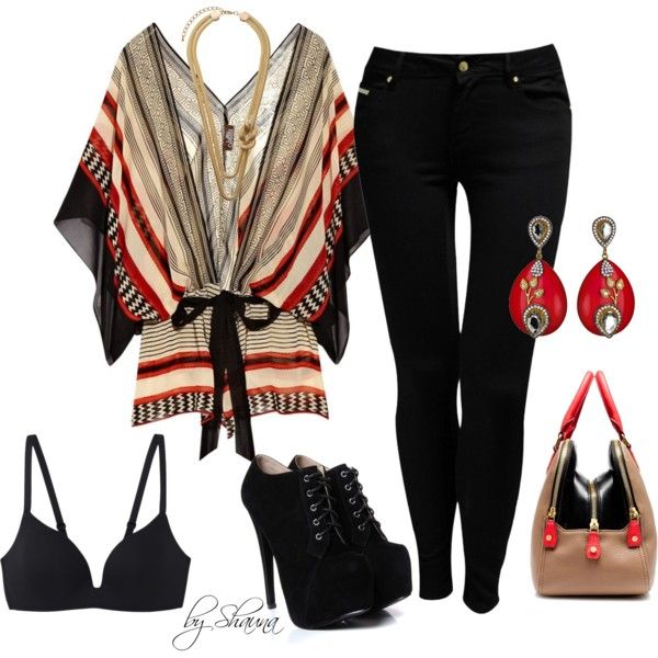 an outfit consisting of a blouse with red and beige stripes and a black tie, black skinny jeans, black highheeled boots, red earrings, a purse, a black bra, and a gold necklace.