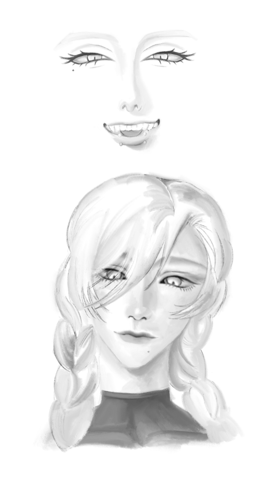he image is a digital painting or drawing featuring two depictions of a woman's face. the top portion shows a simplified, almost cartoonish face with a slightly mischievous or sly smile. the eyes are slightly narrowed. the bottom portion is a more realistic portrayal of a woman with long blonde braids and a melancholic expression. her eyes are downcast, and her mouth is slightly downturned, indicating sadness.  both faces share some similar features, mainly the shape of the eyes and nose. the style is somewhat painterly, using soft shading and blending of greys to create a range of tones. the background is plain white.