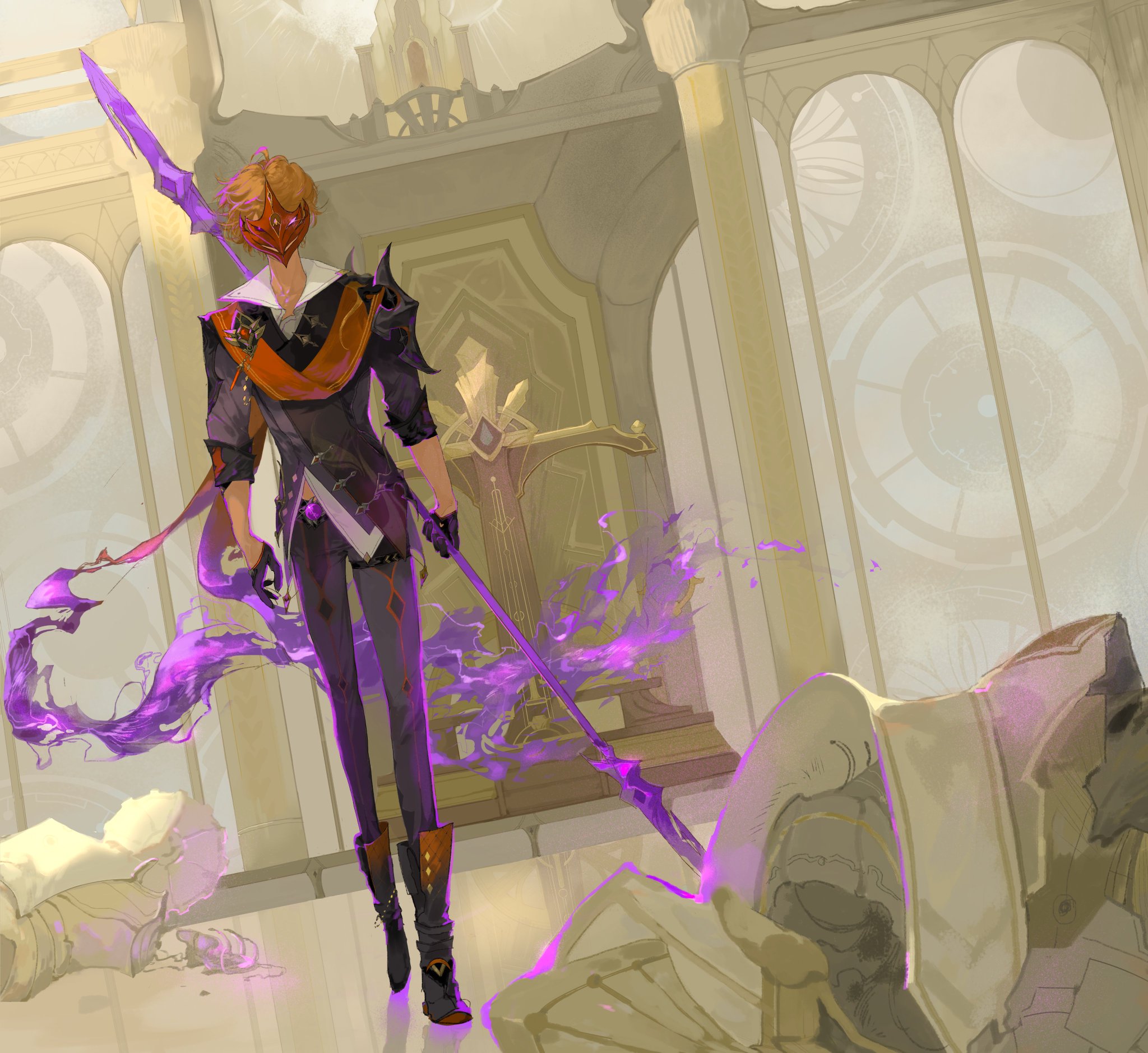 a male anime character with purple hair and a red mask is wielding a spear. he is wearing a black and gold outfit and is surrounded by purple energy. the character is standing in a grand hall with golden decorations.