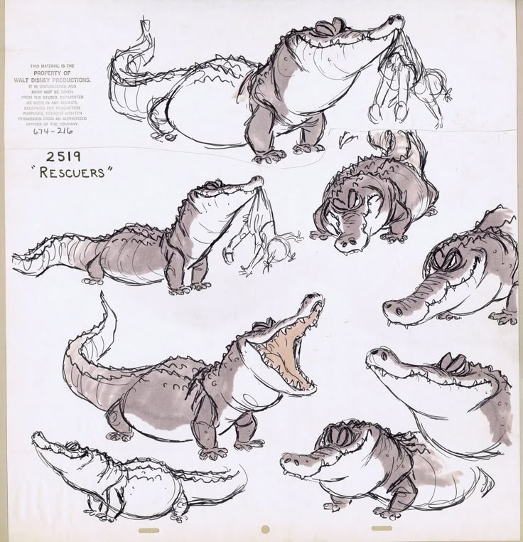 a page of sketches of cartoon crocodiles or alligators, likely for animation, from the disney movie "the rescuers." the drawings show various poses and expressions of the crocodiles, some with open mouths and others with a small figure being held.