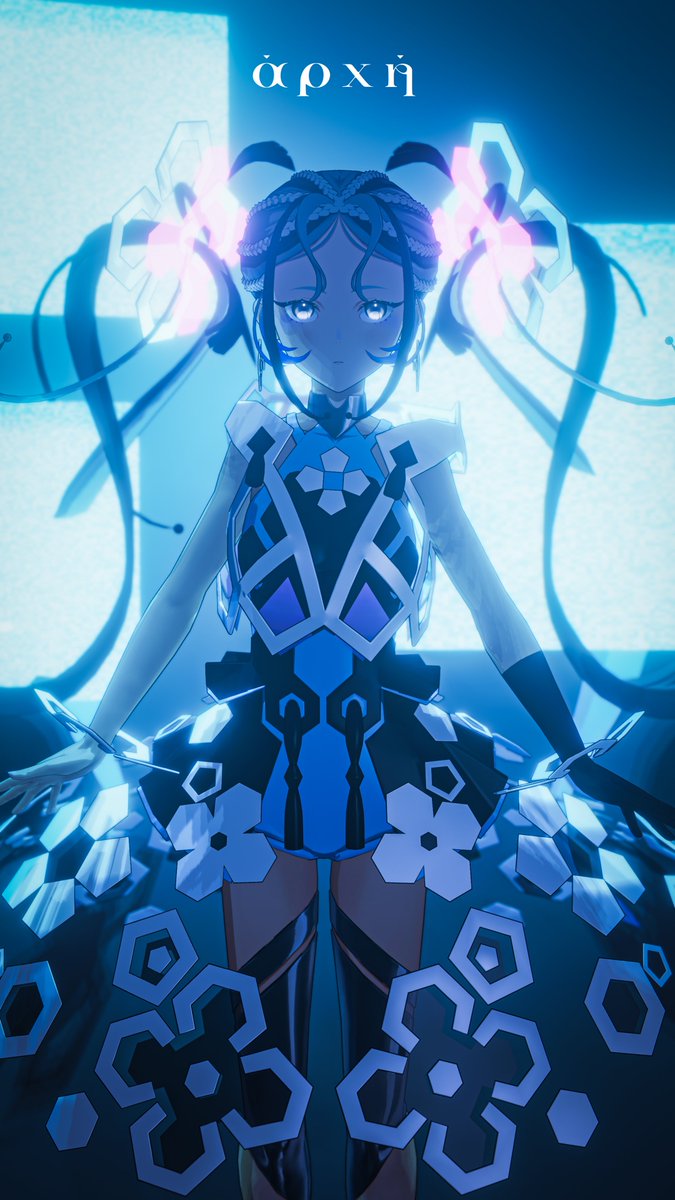 the image showcases a digital artwork of an anime girl standing on what appears to be a futuristic stage. she has long dark hair styled in two ponytails with glowing accents and wears a striking blue and white outfit with geometric patterns. the lighting is dramatic, primarily blue and purple neon tones, creating a volumetric effect around her. the perspective is slightly low, adding to her commanding presence. the overall aesthetic leans heavily into cyberpunk and virtual idol themes.