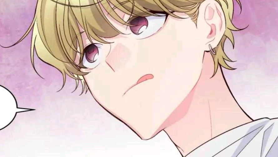 the image is a closeup of a male character from a manga or manhwa. he has light brown, slightly wavy hair and pink eyes. he has light skin and a skeptical expression on his face. he is wearing an earring. the background is a soft purple and pink. a speech bubble appears to the left of the character.