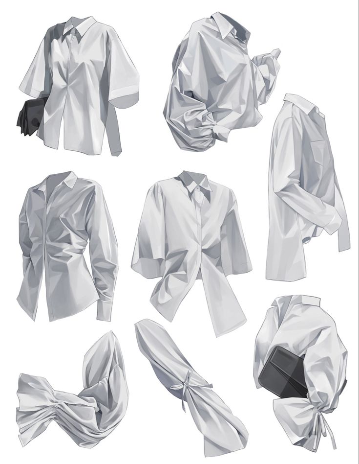 this image showcases a collection of white shirts, meticulously drawn in an illustration style. each shirt is rendered with intricate detail, highlighting the drape and texture of the fabric. the shirts are presented in various poses, offering different perspectives and demonstrating the versatility of this classic garment. the image is a visual feast for fashion enthusiasts and designers, showcasing the artistry and detail that can be achieved through illustration.