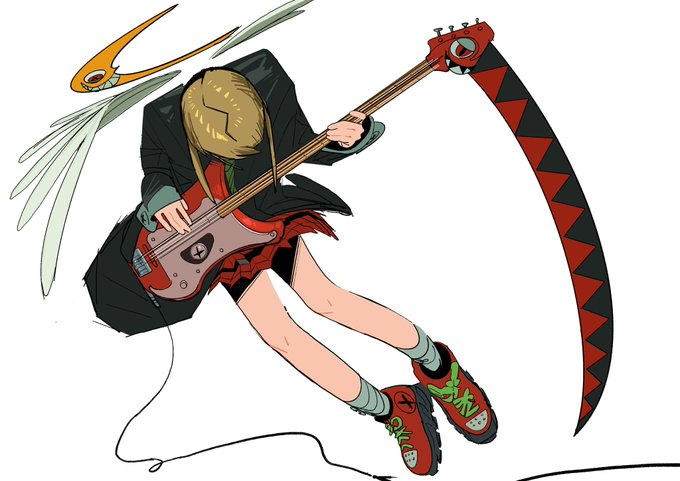 a young woman, likely an anime character, is captured midair in a dynamic pose. she strums a vibrant red bass guitar that transforms into a menacing scythe at its headstock.  her attire suggests a school uniform  a black jacket draped over a white shirt, a red tie, and a short skirt. one leg sports a thighhigh sock while the other remains bare, adding to the energetic feel. her expression is hidden, but the overall impression is one of fierce action. a ghostly, winglike entity with a mischievous grin floats behind her, hinting at a connection to the supernatural. the art style is bold and graphic, employing thick black outlines and flat colors.