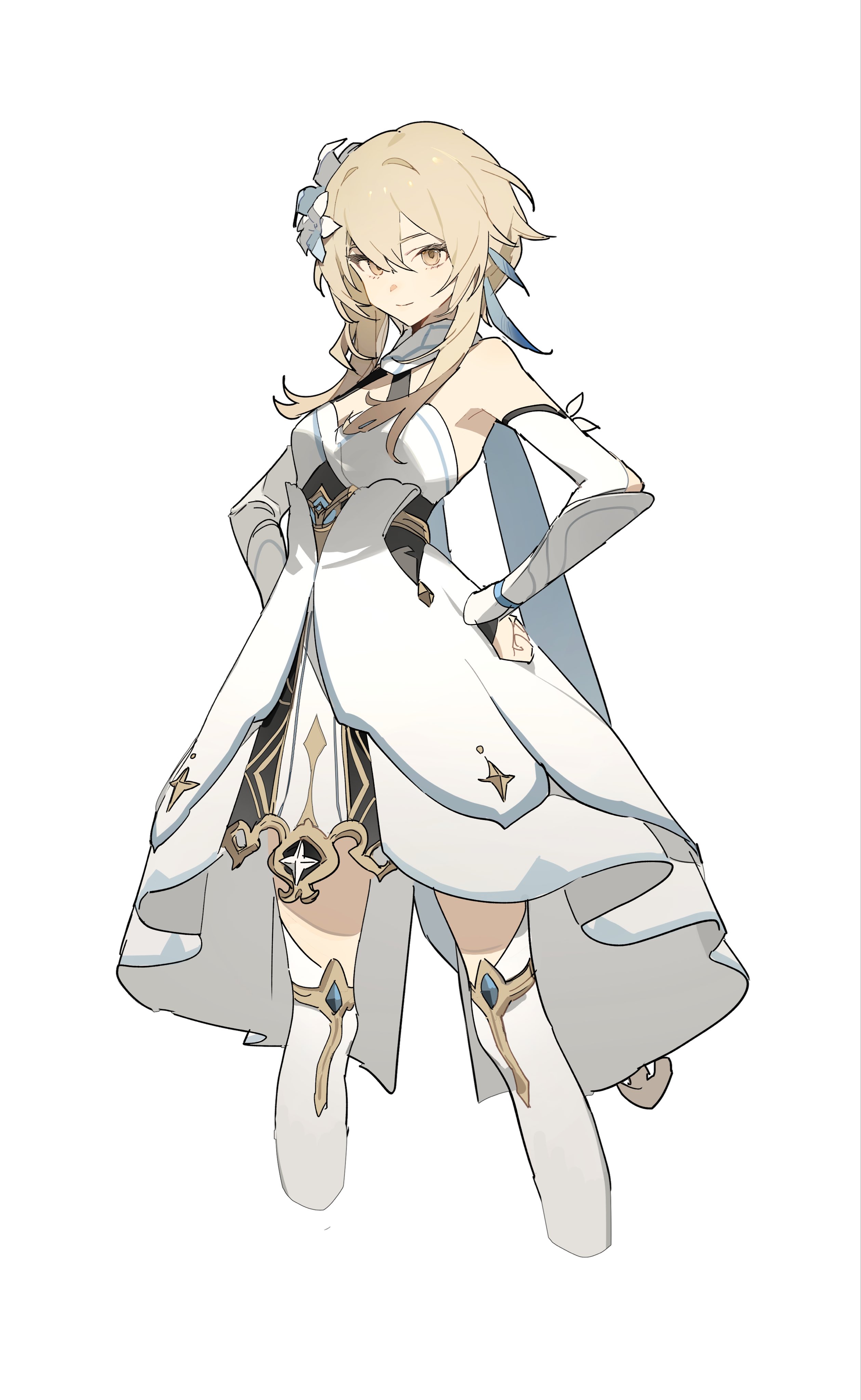 this is a fullbody illustration of nahida, the dendro archon from the video game genshin impact. she's depicted in a confident stance, wearing her signature white dress adorned with blue ribbons and gold accents. her blonde hair is styled neatly, and her expression is calm and selfassured. the art style is animeinspired, with soft lines and delicate details. the background is plain white, focusing attention solely on nahida.