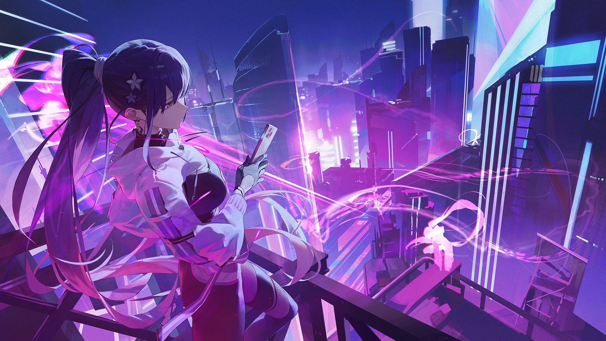 the illustration depicts an anime girl with long purple hair, dressed in a white jacket with black accents, standing on a platform overlooking a futuristic cityscape at night. neon lights illuminate the scene, casting a vibrant purple glow over the buildings and the surrounding area. the girl is holding a device in her hand, suggesting a futuristic setting with advanced technology. the artwork captures a sense of energy and dynamism, showcasing the beauty and wonder of the cyberpunk aesthetic.