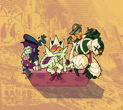 the image showcases three stylized cartoon characters perched atop a wornout dumpster. the setting suggests an urban environment, with faded graffiti adorning a brick wall in the background. each character boasts a unique, monstrous design, hinting at a quirky crew or gang dynamic. the overall palette leans towards a vibrant, yet slightly grungy aesthetic, fitting for the street art theme.