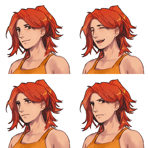 the image shows four different digital illustrations of the same female character.  she has vibrant red hair styled in a similar way in each image, and wears an orange tank top. each illustration displays a different facial expression: happy, slightly winking, neutral, and displeased/serious.  the style is reminiscent of anime or game character art, likely a character sprite sheet for a game or animation. the background is black.