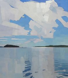 this is a minimalist landscape painting featuring a vast sky filled with white and light blue clouds reflected in the calm water below. the horizon line is low, with a small, dark green island in the distance. the overall feeling is one of serenity and tranquility.