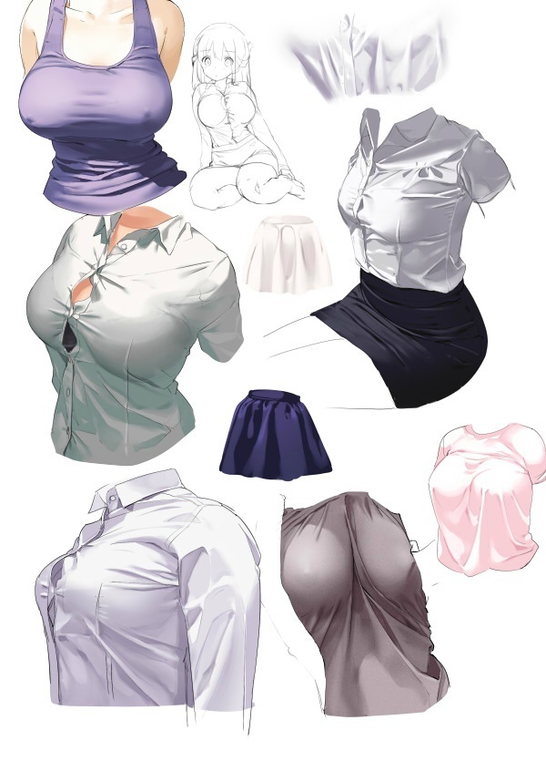 the image features a collection of animestyle illustrations showcasing different types of clothing worn by girls. the illustration on the top left features a girl in a purple tank top, and the one on the top right is of a girl wearing a white buttonup shirt. there are also different cropped shots of shirts, blouses, skirts, and other