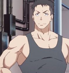 a closeup portrait of a muscular anime man with short black hair and a determined expression. he is wearing a tightfitting grey tank top that reveals his muscular physique. the background features industriallooking pipes and electrical boxes, suggesting an indoor setting. the lighting is soft and even, highlighting the man's features and muscular build.
