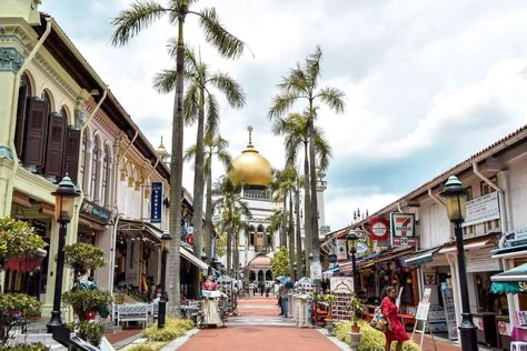 the image shows a vibrant street scene in kampong glam, singapore.  the focal point is the majestic sultan mosque, with its distinctive golden dome, visible at the end of a pedestrianized street lined with traditional shophouses. palm trees flank the street, adding a tropical ambiance.  the shophouses are colorful and feature various shops and stalls, some with awnings.  people are walking along the street, and a few vendors are visible. the overall atmosphere is one of bustling activity and cultural richness. the image showcases a blend of architectural styles and demonstrates the unique character of this historic neighborhood in singapore.
