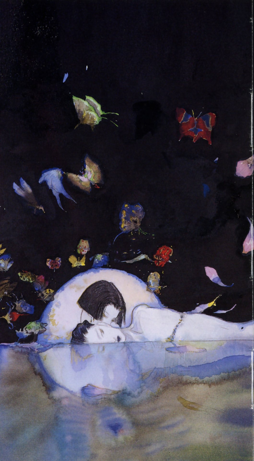 the image depicts a man and a woman embracing in sleep, floating on the surface of water.  their forms are reflected in the water below. above them, a bright white moon illuminates the scene, with colorful butterflies and a few flowers scattered across the dark expanse. the overall feeling is dreamlike and ethereal, with a sense of tranquility and perhaps melancholy.