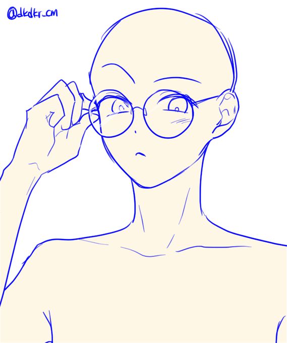 this is a line drawing of a female anime character wearing glasses.  the drawing is a base, with the outlines of the character's face, body, and clothing. the character is looking down and to the side.  there is also text at the top of the drawing that appears to be a name or a website.