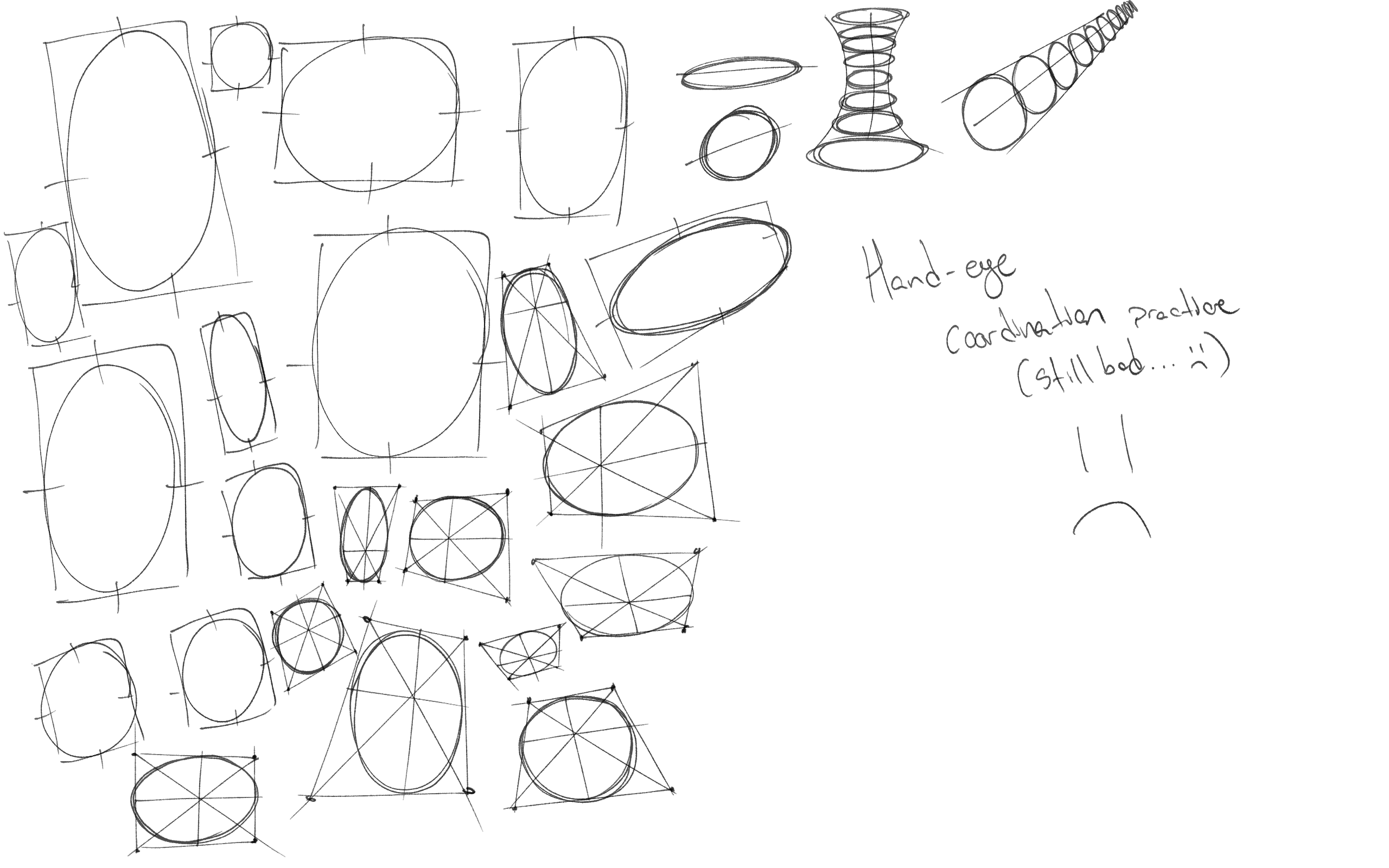 he image is a handdrawn practice sheet focused on improving handeye coordination. it features a variety of geometric shapes—circles, ellipses, ovals, rectangles, and squares—many drawn within guiding grids or lines.  some shapes overlap and are drawn at various angles and sizes.  a series of circles illustrating perspective is also included, along with a more complex shape resembling a spiraling column.  the artist has labeled the sheet "handeye coordination practice (still bad...)" indicating the workinprogress nature of the exercise.  a simple sad face is drawn beneath the text, reflecting the artist's selfassessment of their skill level. the style is freehand, with lines exhibiting varying levels of smoothness and accuracy. the overall effect conveys a sense of practice and development.