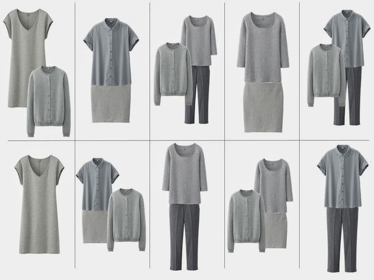 the image features an arrangement of clothing items, showcasing various outfits. each set includes tops, shirts, dresses, skirts, pants, and cardigans in gray tones, suggesting a casual and coordinated wardrobe selection.