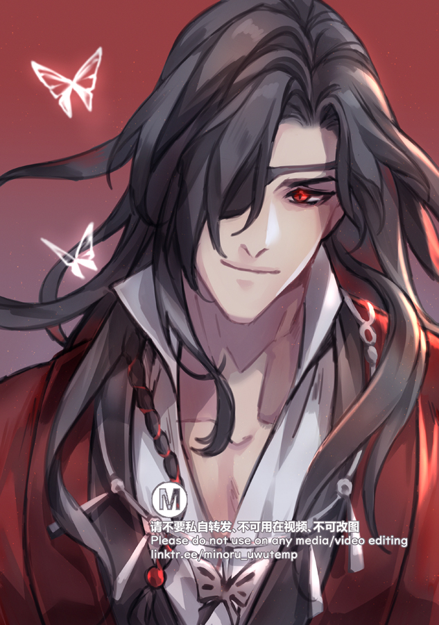 the image is a digital artwork of a handsome anime man with long black hair, he has one red eye and is wearing a white shirt with a red jacket over it. there are three white butterflies flying around him. the background is red. this is an illustration of a handsome character from a fantasy anime or video game.