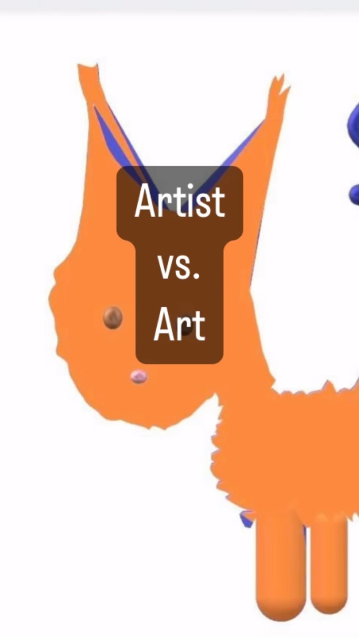the image is a digital illustration featuring a stylized orange creature with blue accents. the creature has a vshaped body and fuzzy texture.  a brown box in the middle of the image contains the text "artist vs. art," suggesting a comparison or contrast between the creator and the creation. the overall style is playful and abstract.  small, colorful blobs are placed on the orange creature's body, possibly suggesting added elements or details in the artistic process.