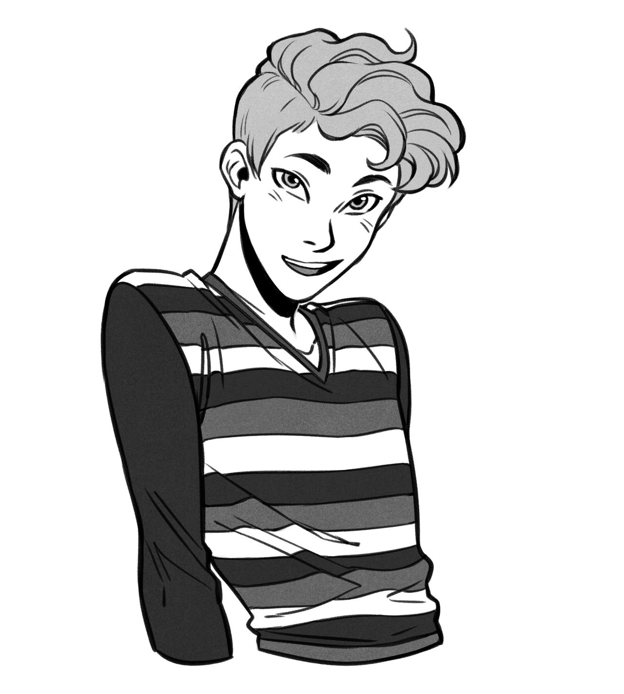 the image is a black and white illustration of a young man with short, wavy hair and a friendly smile. he is wearing a striped sweater with a vneck. the style of the illustration is reminiscent of comics or graphic novels, with clean lines and expressive features.