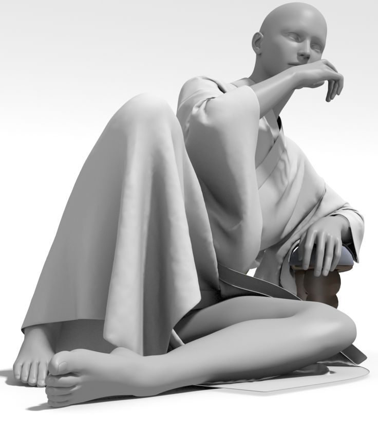 a grayscale image of a woman sitting in a chair. she is wearing a loose white kimono and is leaning back with one hand resting on her chin, the other resting on the chair armrest. the woman is sitting in a relaxed, slouched posture, and her expression is thoughtful and calm. the image is shot from a slightly low angle, giving a good view of the woman's pose and the folds of her robe.  the lack of color emphasizes the shape of her body and the details of the kimono.
