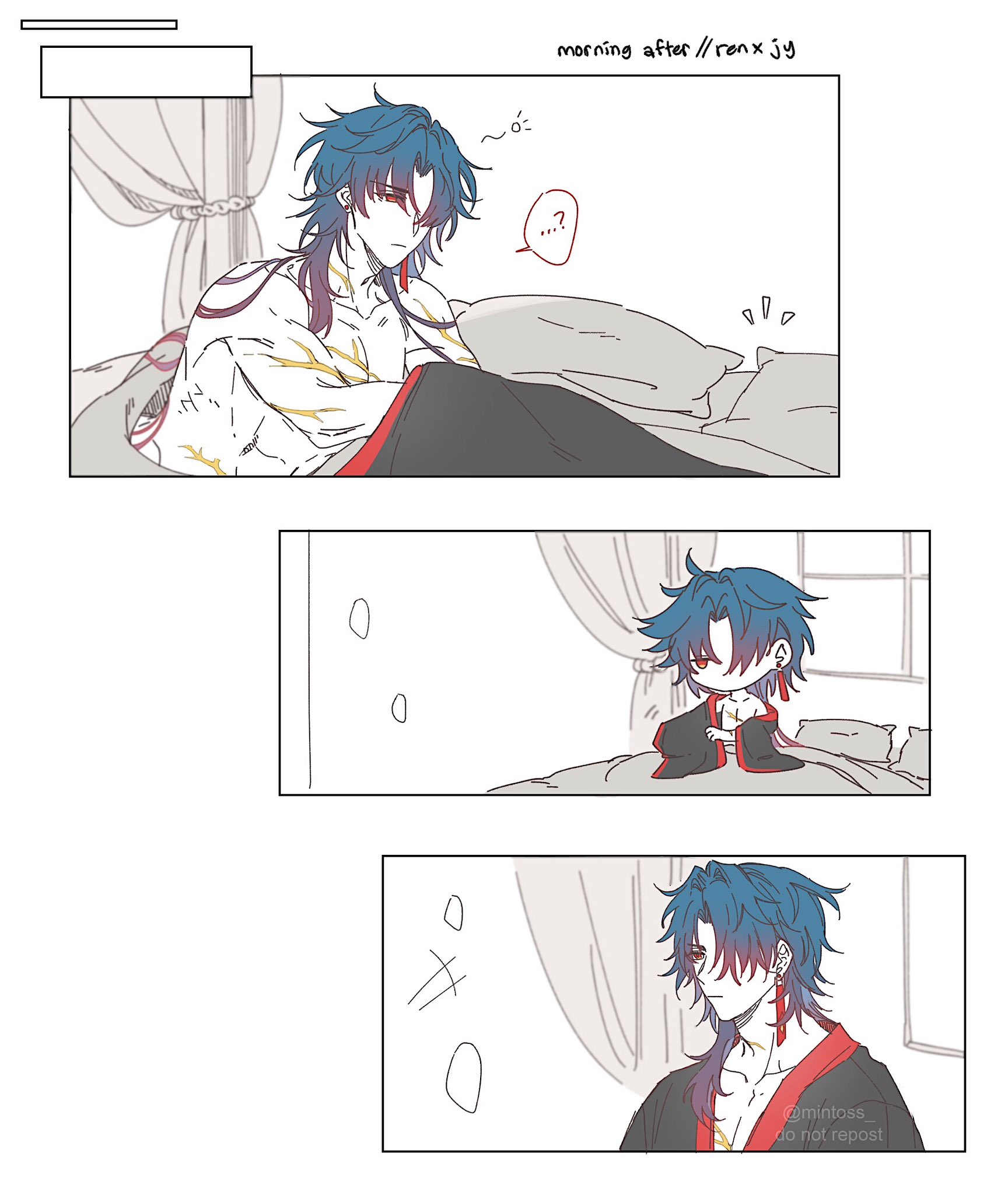 this image is a comic style illustration of two bluehaired men in a bedroom. in the first panel, the man in the foreground is laying on his side, his face blushing and looking slightly embarrassed. the other man is standing and looking at him with a curious expression. in the second panel, the man who was standing in the first panel is now sitting on the bed, looking down with a shy smile. in the third panel, the man who was laying down is now sitting up in the bed, wearing a red kimono and smiling at the man who is sitting on the bed. the image is a cute and fluffy depiction of a couple waking up together in the morning.