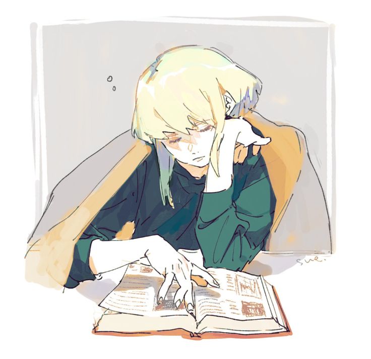 he image is a digital drawing of a young woman with long blonde hair, wearing a green sweater and a beige coat, sitting and reading a book. she appears sleepy or tired, resting her cheek on her hand. the style is soft, pastel, and whimsical, with a slightly dreamy atmosphere. the background is simple and understated, focusing attention on the character and her action. the overall mood is peaceful and serene.