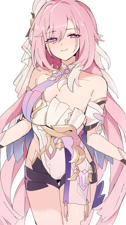 a closeup illustration of an anime girl with pink hair, white dress, and purple eyes smiling sweetly. she is looking towards the right side of the frame. the background is a plain white.