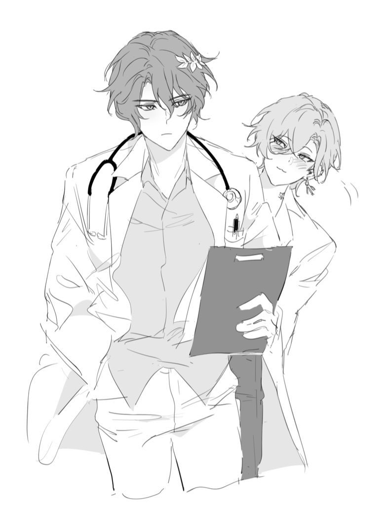 he image is a black and white sketch or drawing of two animestyle boys. one is wearing a doctor's lab coat and stethoscope and appears to be holding a clipboard. the other boy is leaning against him, possibly in an affectionate gesture.  the style is loose and sketchy, not highly detailed, but conveying a sense of closeness and intimacy between the characters. there's a light floral detail on one boy's hair. the overall mood is soft and somewhat romantic.