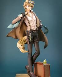 a full shot of an anime figurine with steampunk elements. the male character has light blonde hair, a cape, and steampunk goggles on his head. he wears a lightcolored shirt with suspenders and dark pants. a cigarette is in his mouth. he has a fluffy tail, suggesting he might be part animal. next to him is a suitcase with a green drink on top. the figurine is standing on a base against a bluegreen background.
