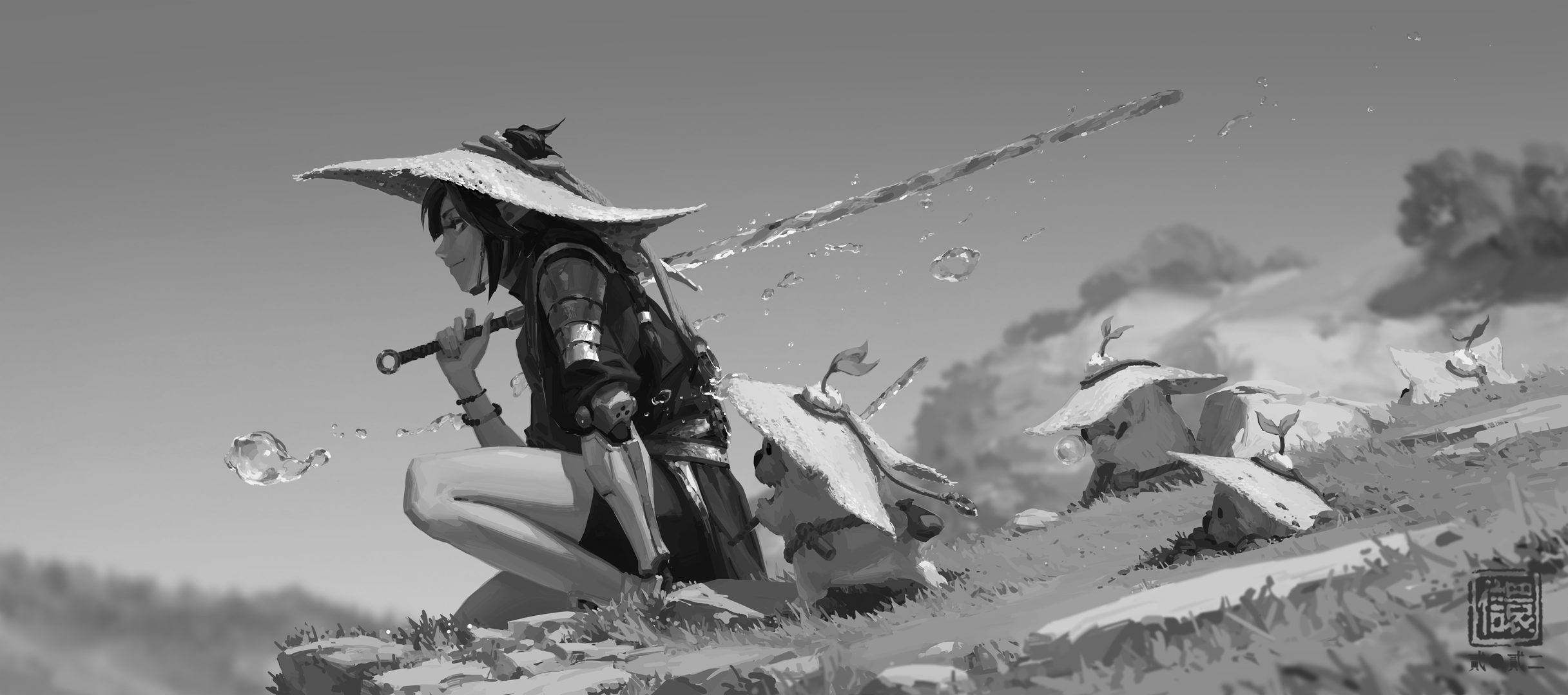 the image is a grayscale digital painting depicting a female animestyle warrior in a widebrimmed hat. she's crouched down, holding a sword, and water is flowing from her weapon, creating bubbles. the background includes a grassy landscape with rocky outcrops and several small, hatwearing figures resembling spirits or guardians. the overall style is fantasythemed, serene, and somewhat spiritual in its atmosphere.  the art style is painterly and evocative, rather than highly detailed.