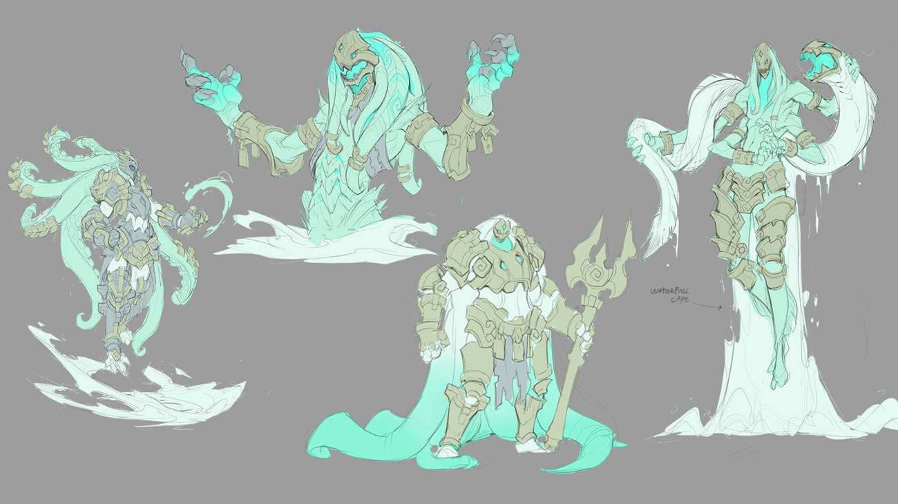 his image showcases concept art for various fantasy characters, likely for a video game.  the art style is a blend of sketch and digital painting, with a soft color palette dominated by teal and grey.  the characters are primarily humanoid but incorporate elements of aquatic creatures, such as tentacles and flowing waterlike fabrics.  they wear elaborate armors and wield various weapons, including staffs and what appears to be a trident.  the style suggests a mystical or ethereal theme, with several characters seemingly partially submerged or composed of water itself.  one annotation is visible, indicating a "waterfall cape" design detail. the image shows various poses and perspectives of the same or related characters to showcase different aspects of their design.