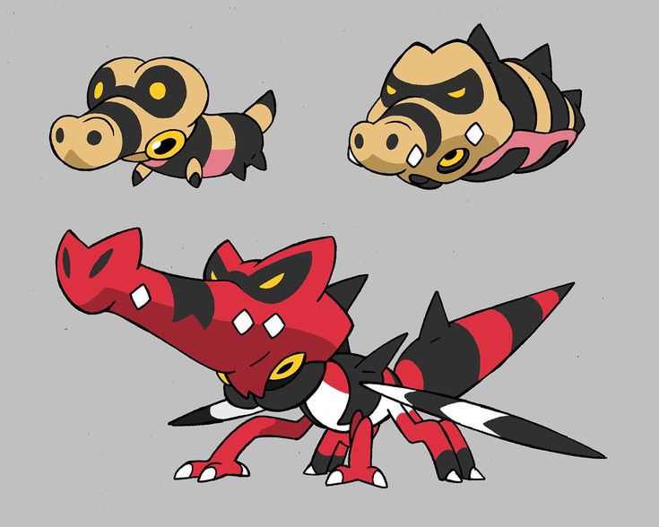his image shows three evolutionary stages of a pokémonlike creature. the first stage is a small, beige and brown creature with yellow eyes, resembling a baby crocodile. the second stage is larger and curled up, showing similar colors and markings but a more aggressive look. the final stage is a much larger, predominantly red and black creature with sharp features and a powerful stance.  the art style is cartoonish and bold.