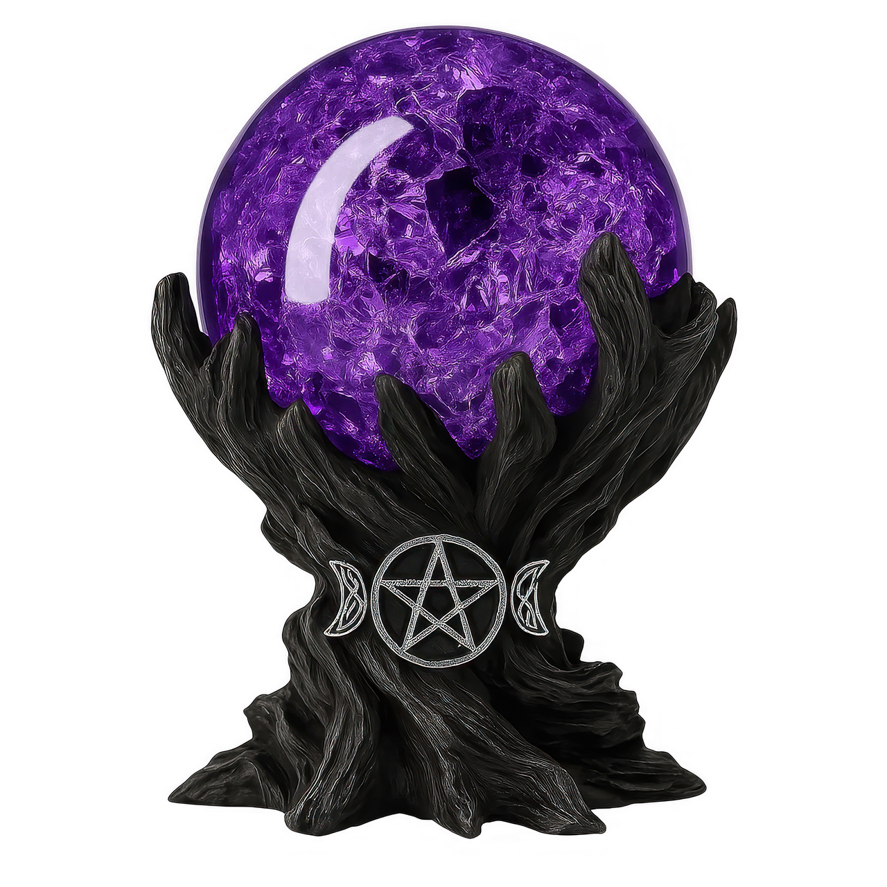 the image features a purple crystal ball sitting atop a black, treelike stand adorned with a pentagram encircled by two crescent moons. the background is a solid black. the crystal ball itself is multifaceted and reflects light, and the stand appears to be made of a sculpted material resembling dark tree branches or hands. the pentagram and moon symbols are silver in color, providing a contrast to the dark stand. the image has a mystical, gothic, or wiccan aesthetic.