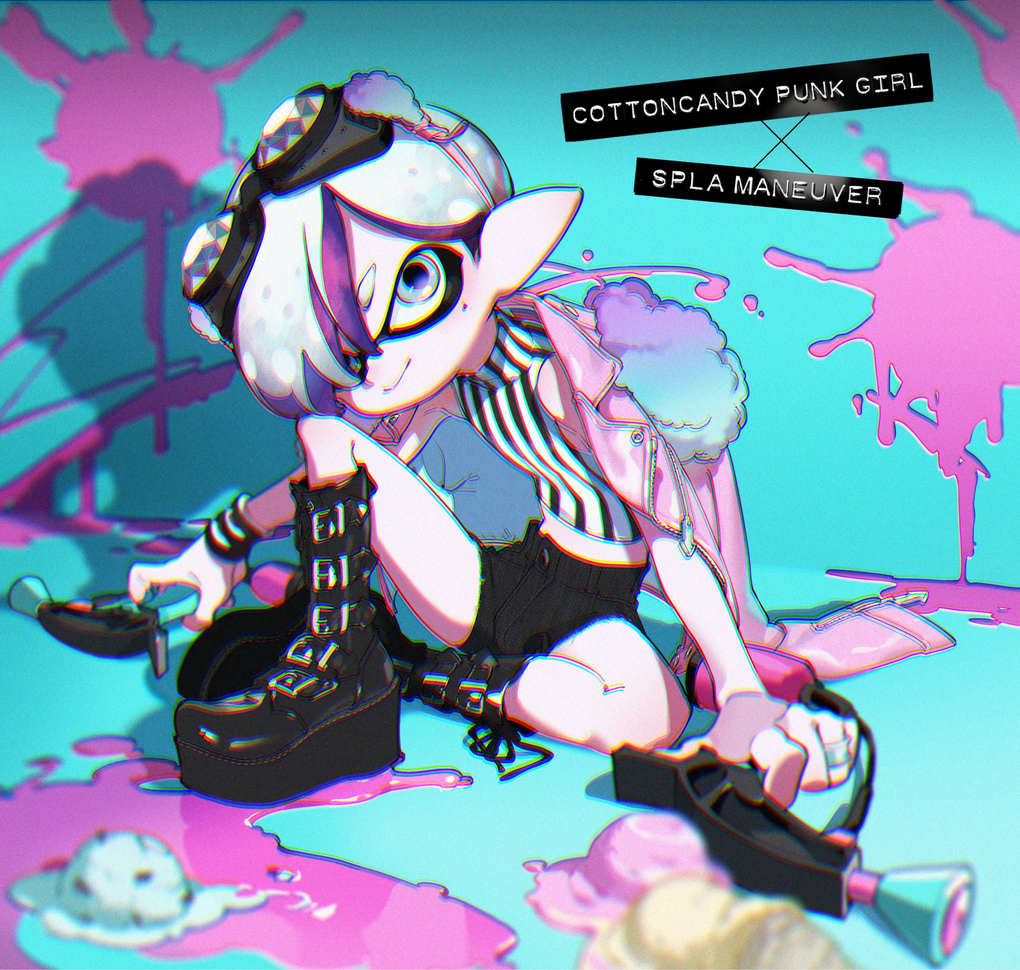 the image depicts an inkling girl from the splatoon video game series, styled as a "cotton candy punk girl." she has white hair with black stripes and is wearing a pink and black outfit with studded accessories. the background is a vibrant turquoise with pink and white splatters, resembling spilled paint or ice cream. she is posed dynamically, holding a weapon and sitting amidst the colorful chaos. the overall aesthetic is bold, playful, and edgy, combining elements of punk fashion with a sweet, candycolored palette.