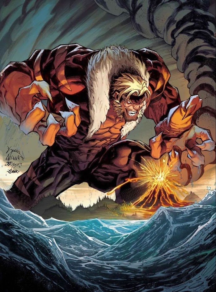 this is an illustration from a comic book cover featuring sabertooth. the large, muscular, mutant superhero with a white fur collar is standing with his claws out and a fierce expression on his face. he is towering over an exploding volcano with the ocean and land in the background.