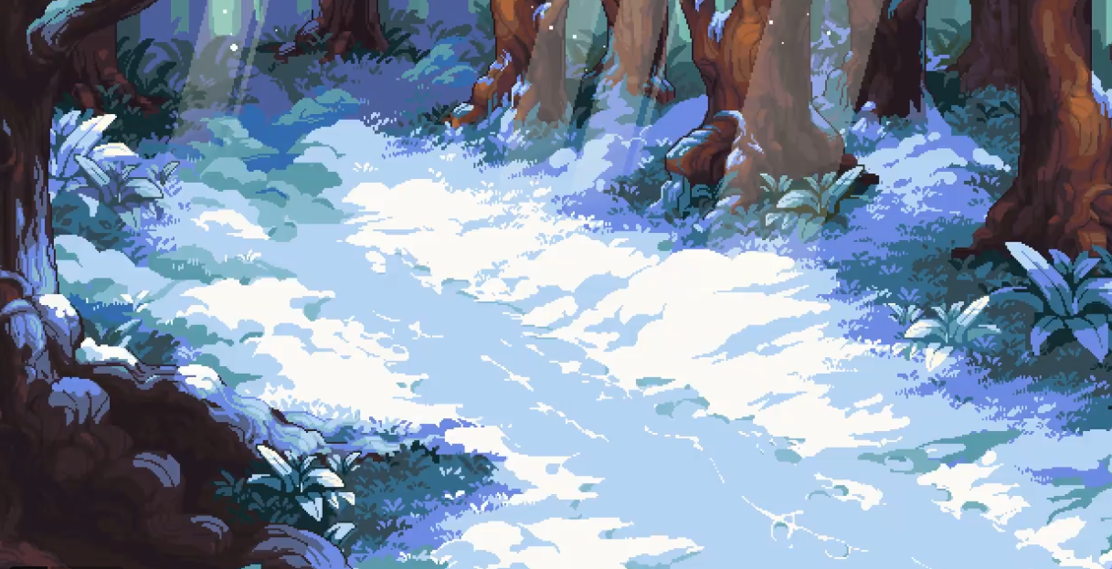 a pixel art image depicting a winter forest scene. snow covers the ground and plants, with trees in the background. sunlight filters through the trees, creating a bright path in the snow. the color palette is dominated by shades of blue, white, and brown.