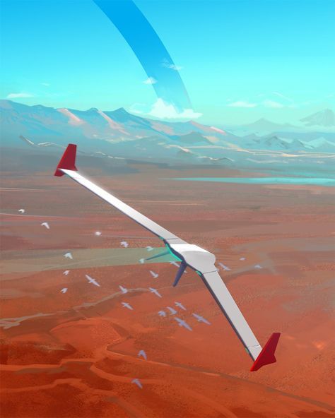 an image of a futuristic, white and red glider soaring over a vast, red desert landscape.  a flock of white birds fly below the aircraft. in the distance, snowcapped mountains rise above the horizon, meeting a pale blue sky accentuated by a partial halo.