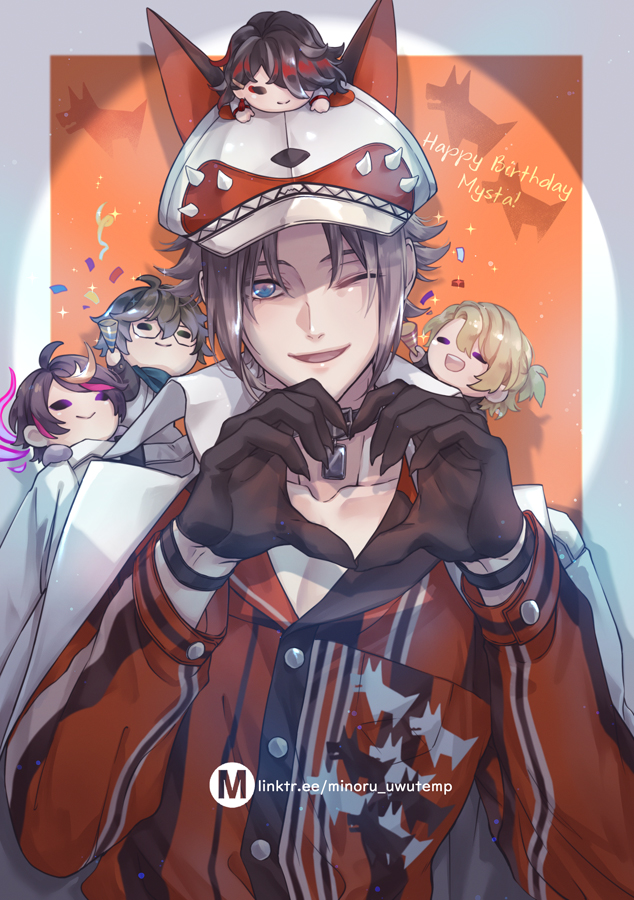 the image shows a young anime boy with silver hair wearing a red and white fox hat and a red and white jacket. he is smiling cheerfully and making a heart shape with his hands. he is surrounded by his friends, and the background features a large orange circle with the words "happy birthday mysta!" written on it. the image is drawn in a cute and colorful style.