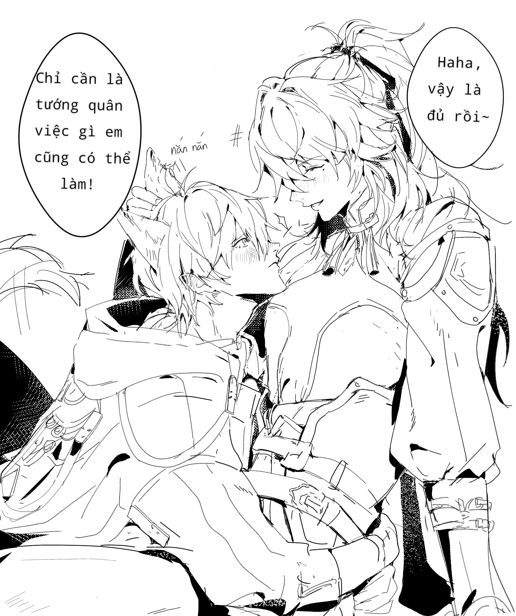 this black and white illustration depicts two anime characters, a male and a female, in a close and affectionate embrace. the female character, with long flowing hair and a stern expression, is holding the male character in her arms. the male character, with a soft, gentle expression and catlike ears, is