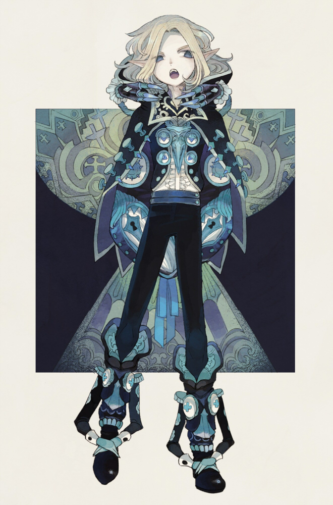 the illustration showcases a single, elaborately dressed elflike character against a stylized backdrop. the character stands with an air of confidence, their outfit a symphony of blues, golds, and intricate detailing. their attire hints at a fantasy setting, with a touch of regality. the background, with its symmetrical patterns, complements the character's ornate style, further emphasizing the fantasy theme.  the soft lighting enhances the delicate features of the elf and brings out the intricate details of their clothing.