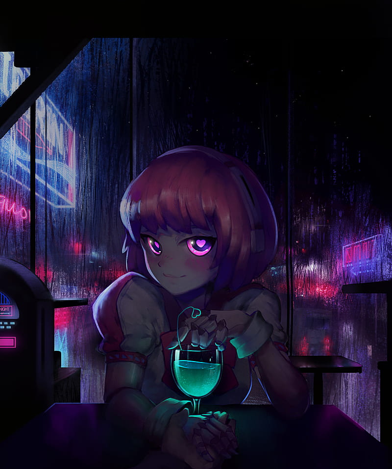 an animestyle girl with short pink hair and headphones sits at a table in a dimly lit bar. she's holding a glass of green liquid, possibly wine. her eyes are purple and have heart shapes in them. the background shows a rainy cyberpunk cityscape with neon lights and skyscrapers. a jukebox is visible to the left. the overall atmosphere is dark and futuristic.