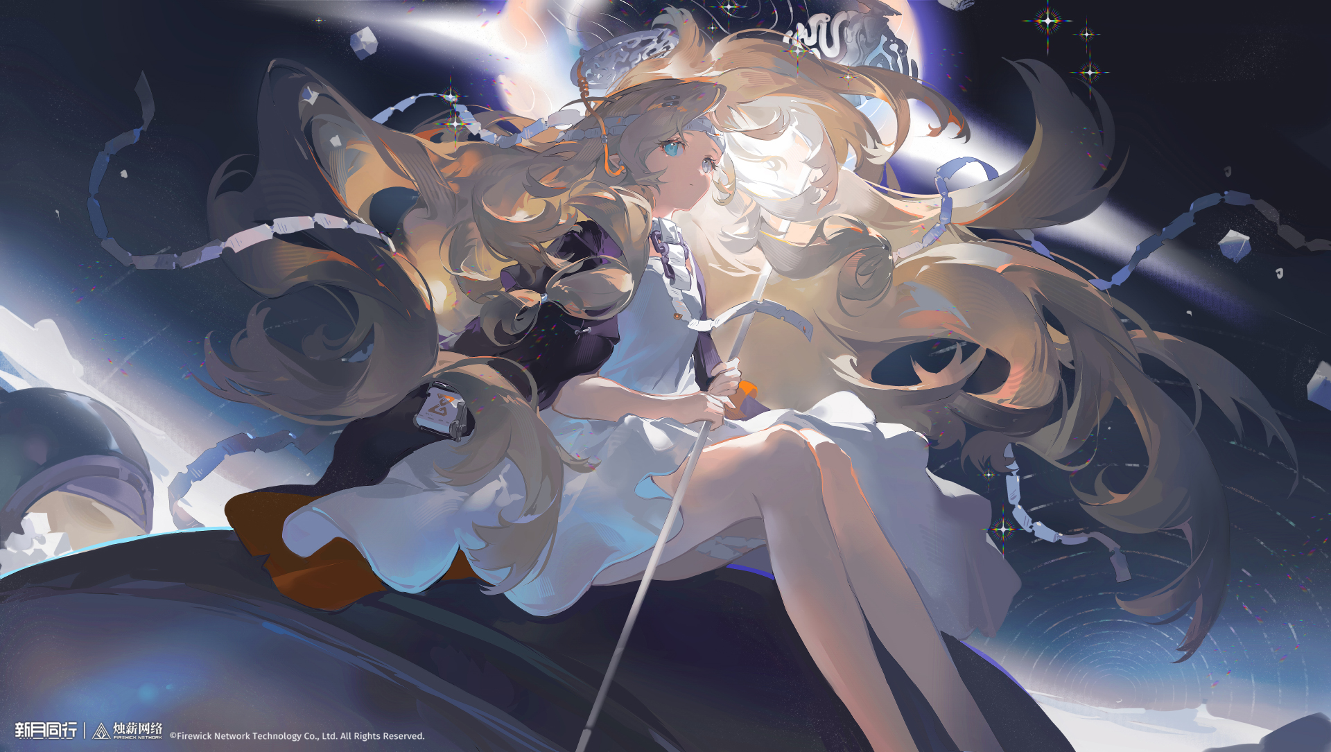 an anime illustration of a girl with long blonde hair, wearing a white dress, floating in space with a starry background. she is looking at something off to the side. the image has a magical and fantastical feel to it.